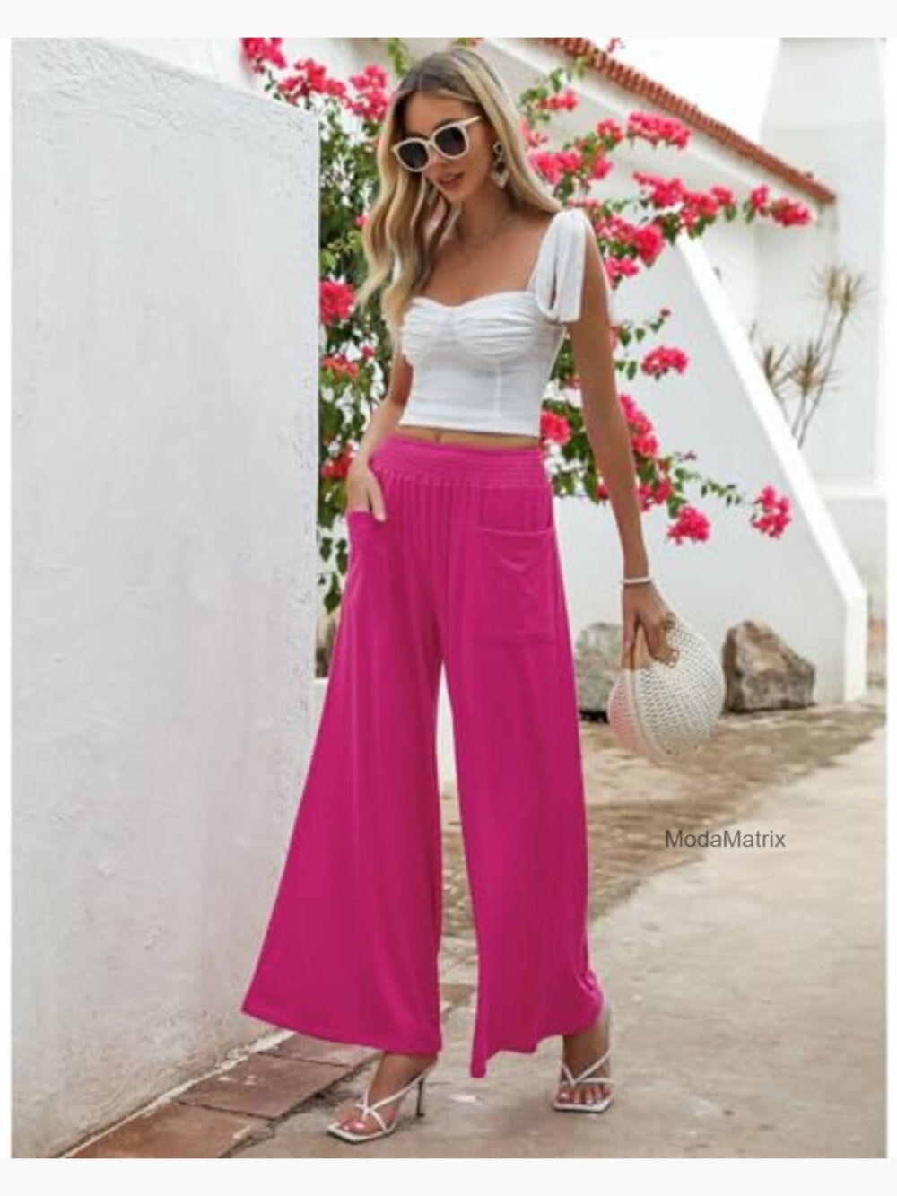 Wide Leg Palazzo Pants High Waisted Smocked Elastic Waist Bell Bottom Baggy - Picture 4 of 7